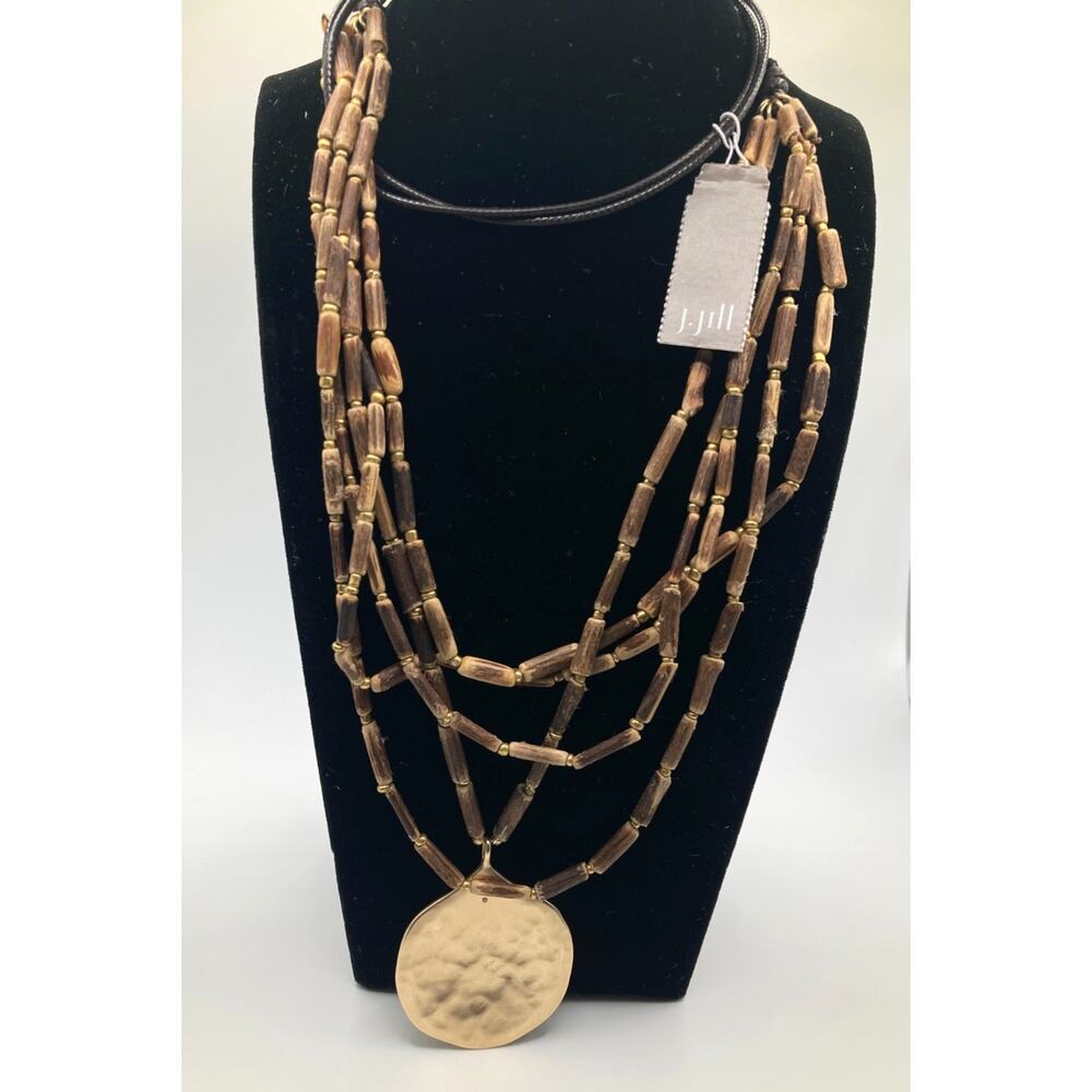 J. JILL Gold Tone Matte Medallion Rustic Brown Woody Necklace 26" NWT